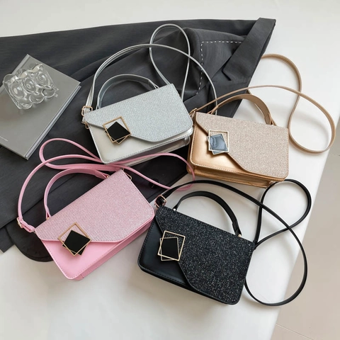 Women Fashion Glitter Square Crossbody Bag Shiny Sequin PU Leather Shoulder Bag With Metal Buckle Small Handbag Evening Purse