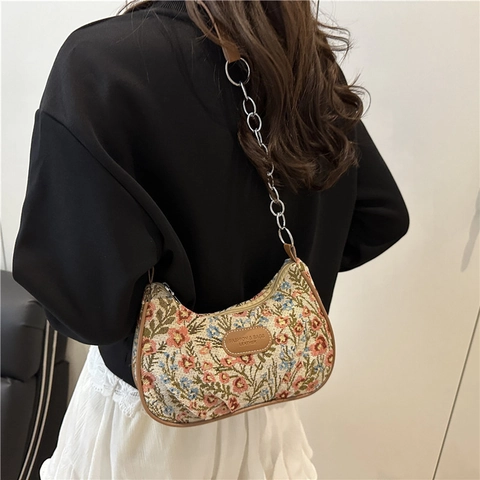 Borsa a Spalla Jacquard Floreale Vintage da Donna Hobo a Mezzaluna Tracolla a Catena in Metallo Borsa Sottoascella Retro