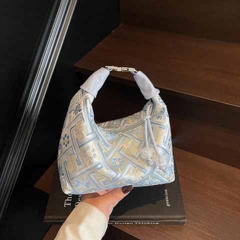 Sac À Main Broderie Jacquard Style Chinois Vintage Motif Floral Géométrique Sac À Épaule Hobo Demi-Lune Avec Gland En Perles