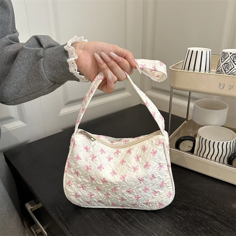 Sac à Épaule en Tissu Matelassé Imprimé Nœud de Style Coréen Pour Femmes Doux Design de Niche Sac Sous le Bras Sac Décontracté Quotidien