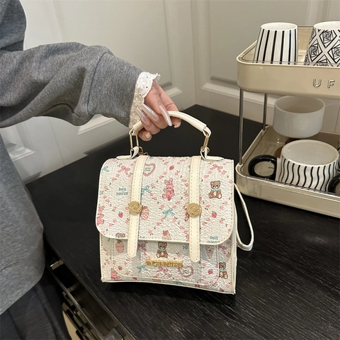Mini Zaino Borsa A Mano Pelle PU Stampa Cartone Animato Orso Coniglio Motivo Floreale Stile Kawaii Per Donne Ragazze