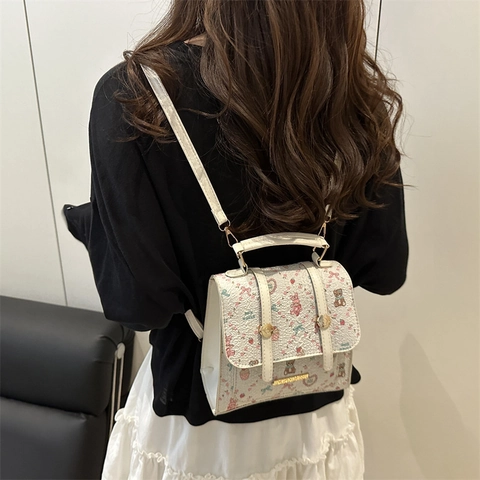 Mini Zaino Borsa A Mano Pelle PU Stampa Cartone Animato Orso Coniglio Motivo Floreale Stile Kawaii Per Donne Ragazze