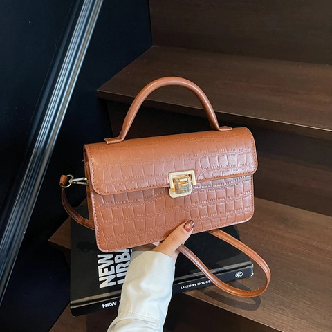 Borsa Da Donna Motivo Coccodrillo Pelle PU Borsa A Tracolla Vintage Elegante Fibbia Lucchetto Dorato Manico Superiore Piccola Borsa Quadrata