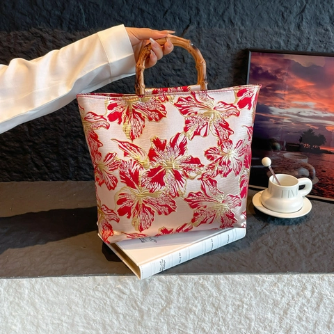 Borsa Tote Jacquard Floreale Stile Cinese Vintage Con Manico in Bambù Borsa a Mano Grande Capacità per Donna Matrimonio