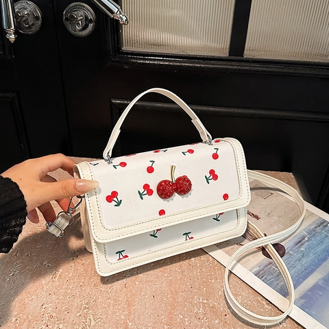 Women Crossbody Bag PU Leather Cherry Print Small Square Handbag Dimensional Cherry Charm Top Handle Adjustable Strap