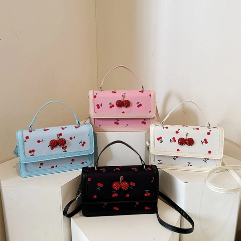 Women Crossbody Bag PU Leather Cherry Print Small Square Handbag Dimensional Cherry Charm Top Handle Adjustable Strap