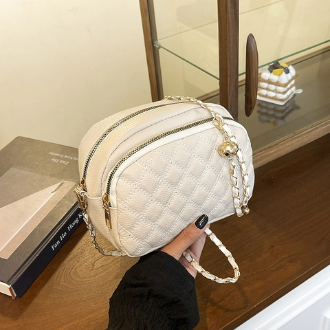 Sac Bandoulière Matelassé Losange Cuir PU Chaîne Boule Dorée Plusieurs Fermetures Éclair Pour Femmes