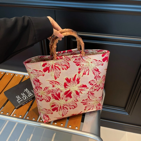 Vintage Jacquard Floral Tote Bag With Natural Bamboo Handle Retro Elegant Fabric Handbag Large Capacity Top Handle Bag Women Travel Purse