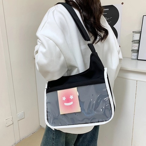 Women Casual Oxford Cloth Shoulder Bag Transparent PVC Pocket Large Capacity Crossbody Bag For School Daily Use Fashion Tote