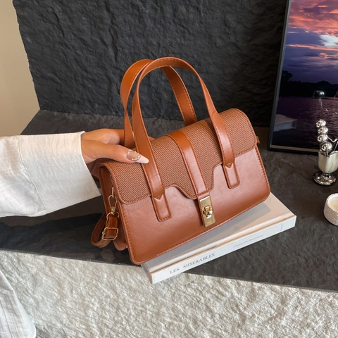 Vintage PU Leder Patchwork Handtasche Für Damen Retro Webstruktur Schulter Umhängetasche Gold Drehverschluss Henkeltasche