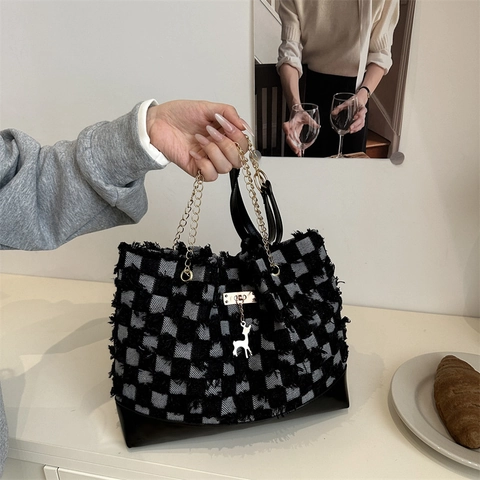 Dames Retro Denim Canvas Tote Bag Grote Capaciteit Gerafelde Ster Plaid Schoudertas Kettingriem Hert Hanger