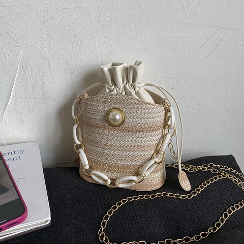 Women's Casual Woven Straw Bucket Bag With Pearl Decoration Drawstring Closure Striped Crossbody Bag With Metal Chain Strap