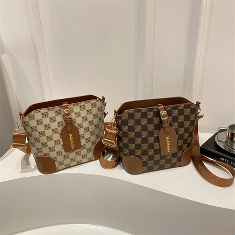 Vintage Women Bucket Bag PU Leather Canvas Monogram Checkered Pattern Retro Crossbody Shoulder Bag With Wide Strap