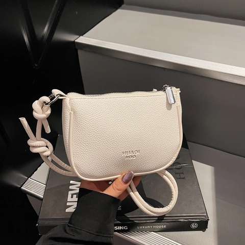 Damen Urban Minimalistisch PU Leder Lychee-Maserung Umhängetasche Kleine Lässige Schultertasche Mit Knoten-Detail Riemen Reißverschluss Täglich Leichte Messenger Bag