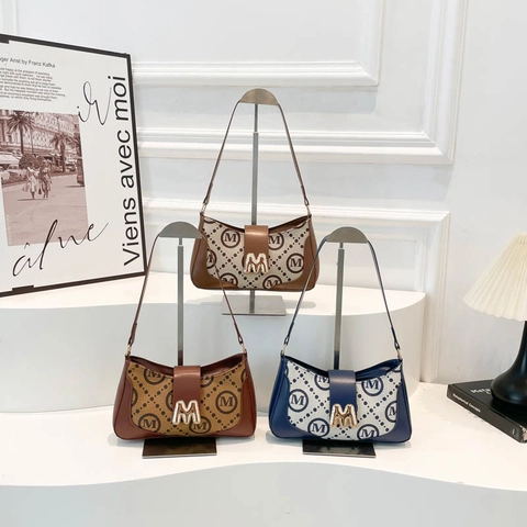 Borsa A Spalla Sottobraccio Retrò Da Donna In Pelle PU Con Stampa Lettera M Fibbia In Metallo Dorato Piccola Borsa Baguette