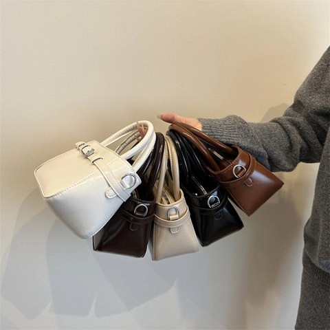 Vintage Minimalist Women PU Leather Shoulder Bag Fashion Small Square Crossbody Bag With Decorative Belt Buckle