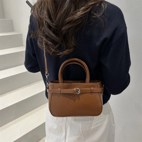 Vintage Damen PU Leder Kleine Quadratische Umhängetasche Minimalistische Gürtelschnalle Verzierung Einfarbige Schultertasche Handtasche