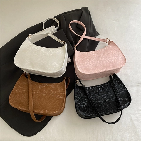 Mode Damen Retro PU Leder Schlangenmuster Unterarm Tasche Halbmond Baguette Schultertasche Goldener Reißverschluss Pendler Handtasche