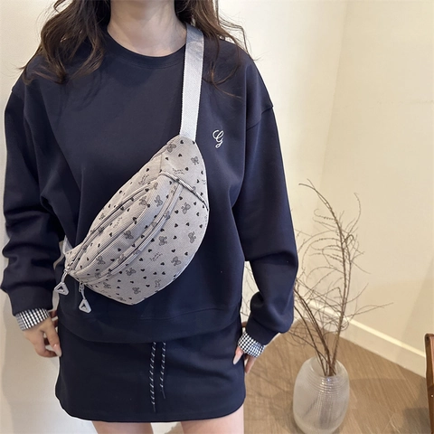 Women Casual Corduroy Waist Bag Heart Bowknot Print Chest Bag Korean Style Crossbody Shoulder Bag For Daily Travel Gift