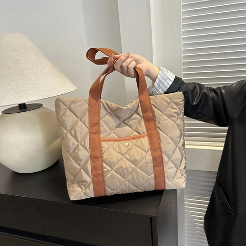 Borsa Tote Trapuntata Grande Capacità Motivo Rombi Nylon Imbottito Borsa A Spalla Spalline A Contrasto Donne Inverno Casual