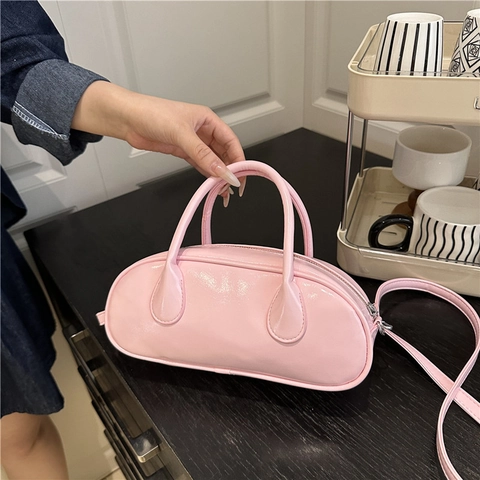 Chic Glossy PU Leather Mini Boston Bag For Women Elegant Oval Handbag With Detachable Shoulder Strap And Silver Hardware