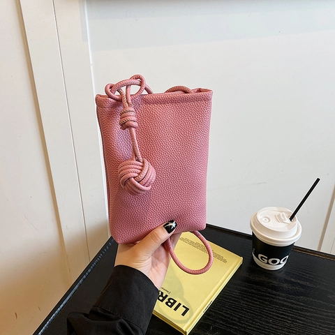 Minimalist Mini Crossbody Phone Bag Litchi Grain PU Leather Textured Shoulder Handbag With Knot Decor For Women