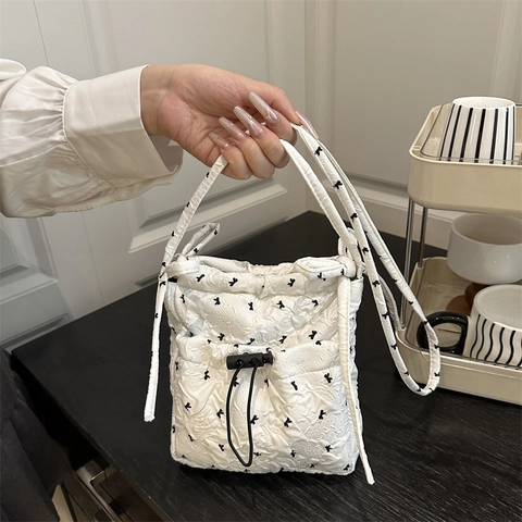 Bolso Bandolera Acolchado Con Cordón Mini Bolso Cubo Con Lazo Estampado Animal Estilo Coreano Para Mujeres