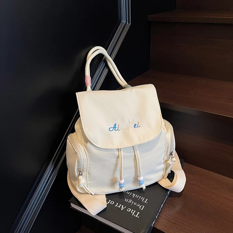 Nylon Fashion Small Backpack For Women Embroidery Letters Drawstring Flap School Bag Lightweight Niche Leisure Student