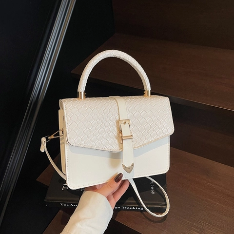 Borsa a Tracolla Quadrata con Patta Intrecciata da Donna Minimalista in Pelle PU Borsa a Mano con Fibbia Dorata Borsa Versatile