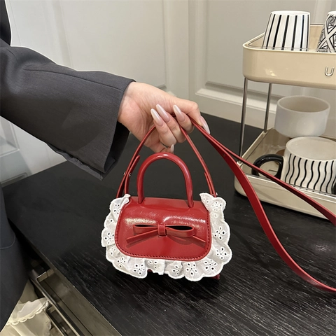 Sweet Bow Knot Lace Mini Square Bag For Women Shiny PU Leather Top Handle Crossbody Purse Girl Fashion Underarm Bag