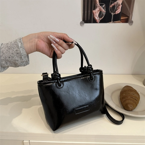 Shiny PU Leather Handbag For Women Knot Design Tote Shoulder Crossbody Bag Retro Solid Color Elegant Fashion Purse