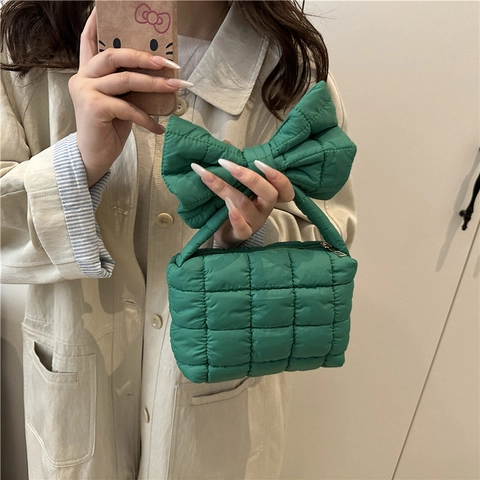 Women Quilted Handbag Large Bow Handle Padded Puffer Tote Bag Candy Color Underarm Bag Fashion Soft Square Grid Handbag