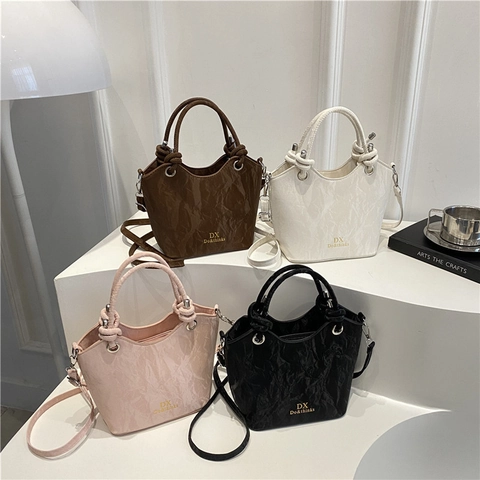Borsa a Secchiello da Donna Alla Moda con Texture Marmo Increspata Elegante Borsa a Spalla in Pelle PU con Manico a Nodo