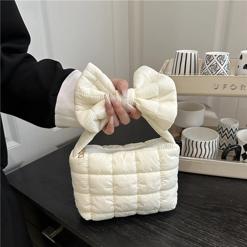 Women Quilted Handbag Large Bow Handle Padded Puffer Tote Bag Candy Color Underarm Bag Fashion Soft Square Grid Handbag