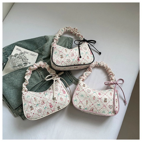 Sac sous le Bras Doux pour Femme Imprimé Ours de Dessin Animé Floral Matelassé avec Poignée Froncée et Nœud Style Coréen