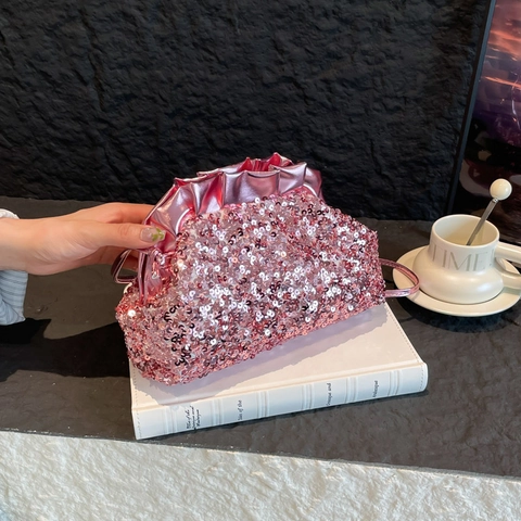 Damen Pailletten Plissee Wolke Clutch Elegant Bankett Party Schulter Umhängetasche Mit Einem Riemen