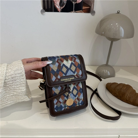Damen Umhängetasche Handy Tasche Retro Geometrisch Gewebt PU Leder Kleine Schultertasche Mit Klappdeckel
