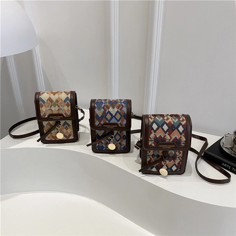Borsa Quadrata Piccola in Tessuto Geometrico a Rombi Retro Per Donna Borsa a Tracolla in Pelle PU Porta Telefono Borsa a Spalla