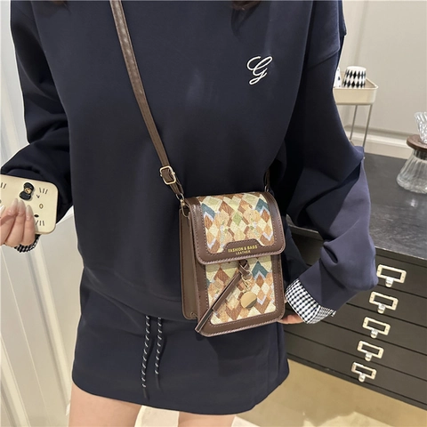 Bolso Bandolera Pequeño para Teléfono de Tela PU con Patrón de Rombo Geométrico Vintage para Mujer Bolso de Hombro