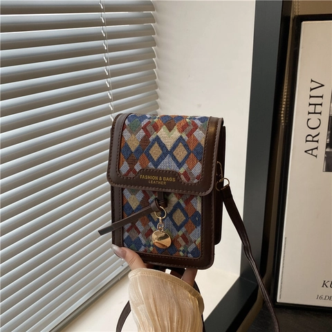 Borsa a Tracolla Vintage con Motivo a Rombi Intrecciati da Donna Borsa a Tracolla Quadrata Piccola in Pelle PU con Ciondolo
