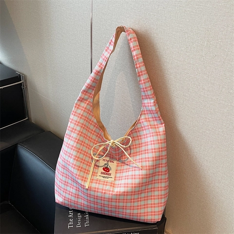 Women Large Capacity Gingham Canvas Tote Bag Korean Fresh Checkered Shoulder Bag With Bow Tie And Handmade Tomato Label