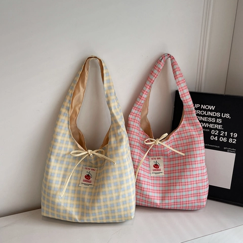 Bolso Tote de Lona a Cuadros Casual para Mujer Estilo Japonés Parche Hecho a Mano Bolso de Hombro Gran Capacidad