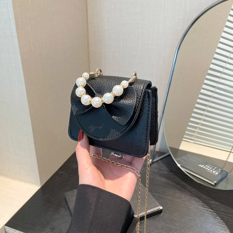 Mini Bow Crossbody Bag For Women Sweet Faux Pearl Handle Litchi Texture PU Leather Gold Chain Strap Handbag Small Purse