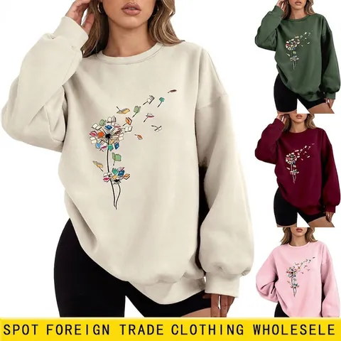 Women Crew Neck Sweatshirt Cotton Blend Oversized Dandelion Book Print Thickened Warm Winter Casual Pullover Tops