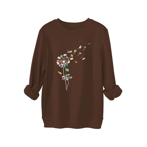 Women Crew Neck Sweatshirt Cotton Blend Oversized Dandelion Book Print Thickened Warm Winter Casual Pullover Tops