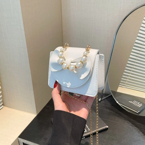 Mini Bow Crossbody Bag For Women Sweet Faux Pearl Handle Litchi Texture PU Leather Gold Chain Strap Handbag Small Purse