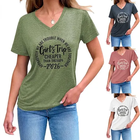 Maglietta a Maniche Corte con Scollo a V Casual da Donna Misto Cotone Stampa Grafica con Scritte Top Estivo Largo