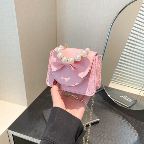 Cute Bow Artificial Pearl Mini Shoulder Bag For Girls Princess PU Leather Small Square Crossbody Bag Girls Coin Purse