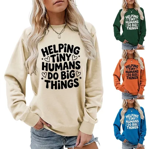 Sweatshirt À Imprimé Lettres Helping Tiny Humans Do Big Things Femme Décontracté Col Rond Manches Longues Mélange Coton