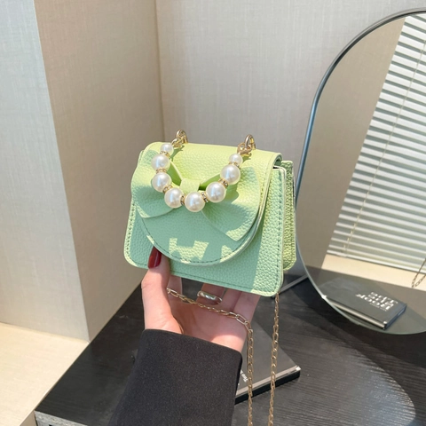 Cute Bow Artificial Pearl Mini Shoulder Bag For Girls Princess PU Leather Small Square Crossbody Bag Girls Coin Purse